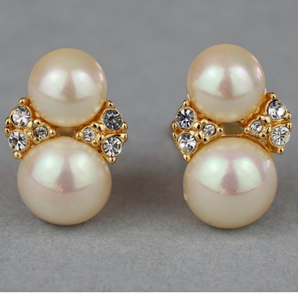 Vintage CHRISTIAN DIOR Double Pearl Rhinestone Earrings - Picture 3 of 11